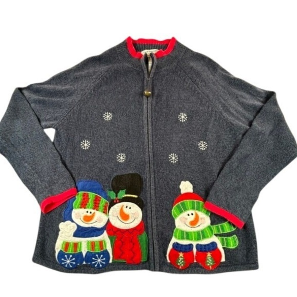Vtg Tiara Int'l Christmas Sweater XL Snowman Embroidered Zip Cardigan Blue